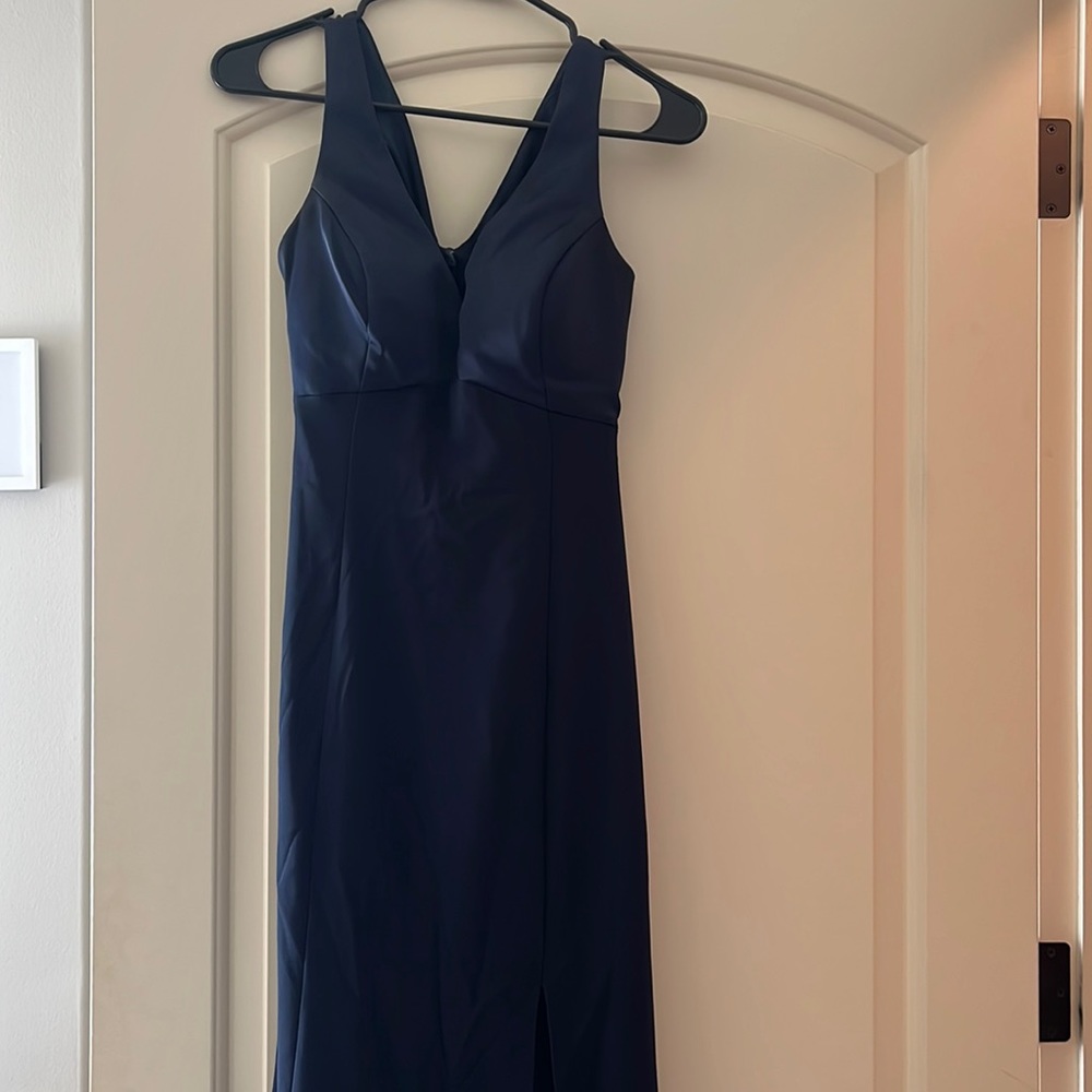 amsale navy blue satin/crepe v neck bridesmaid dress